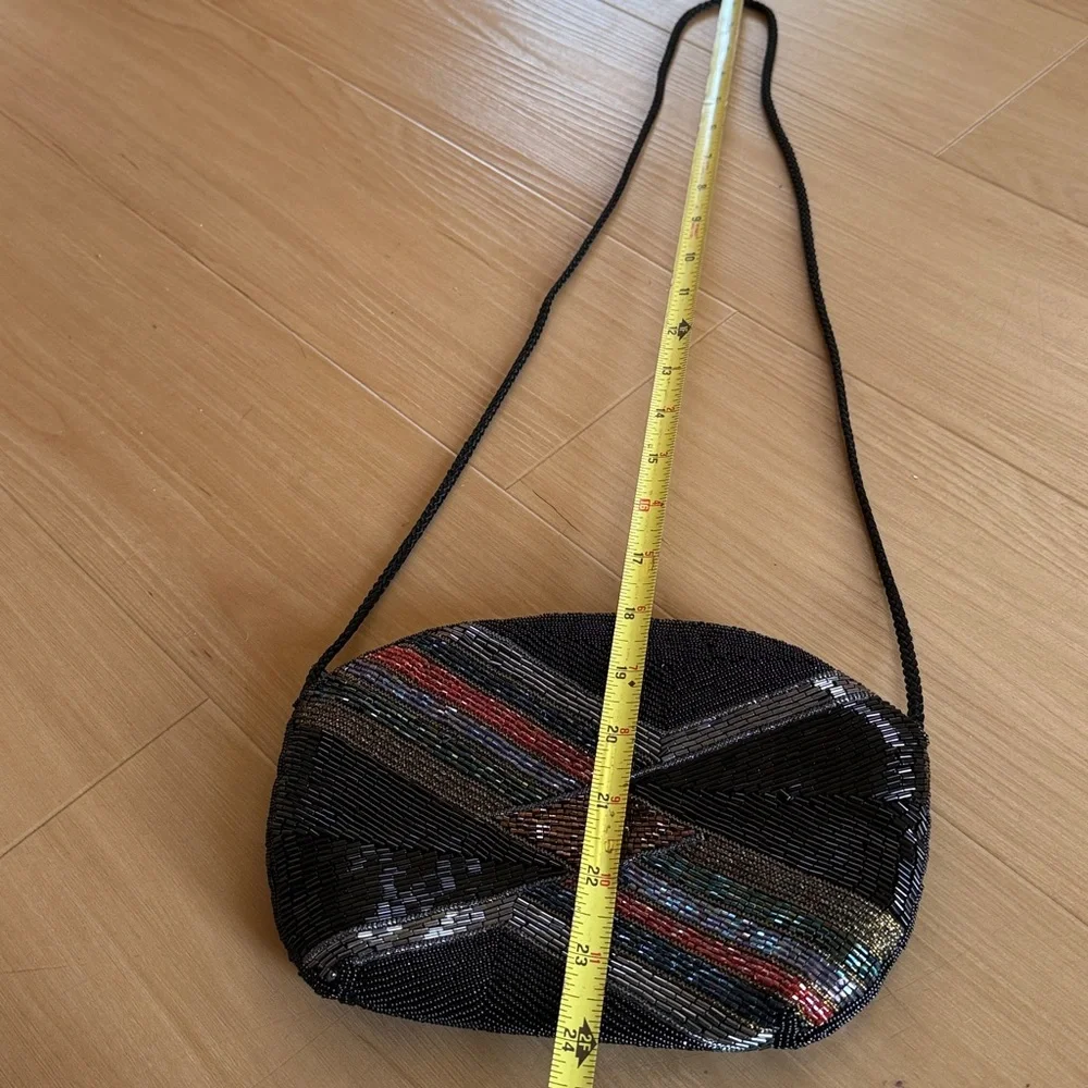 VINTAGE BEADED CLUTCH PURSE GEOMETRIC BLACK MULTICOLORED EVENING BAG CROSSBODY